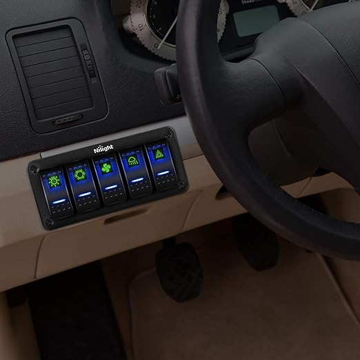 Nilight - 90110E 5 Gang Aluminum Rocker Switch Panel Toggle Dash 5 Pin ON/Off Pre-Wired Rocker Switch Blue Backlit Switch for Automotive Car Marine Boat RV,2 Years Warranty