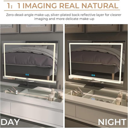 Vanity Mirror with Lights, 23.27 x 17.7 Inch LED Makeup Mirror, Lighted Makeup Mirror with Dimmable 3 Modes, Smart Touch Control, Aluminum Frame and Tempered Glass Base, Dark Gray