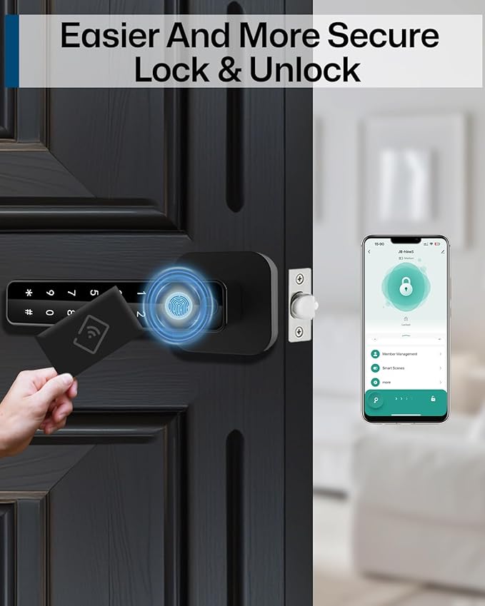 5-in-1 Smart Fingerprint Door Lock,Keyless Entry Digital Knob, Bluetooth App Control, Card and Key, Biometric Door Knob with Handle, Easy to Install for Exterior, Interior, Bedroom Doors