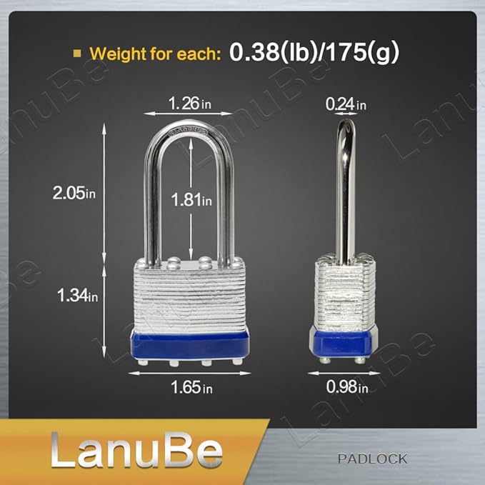 LanuBe Laminated Padlock 1-9/16inch (40mm) Long Shackle 120 Pack Keyed Alike, Blue Plastic Hoop, Bulk Locks for Warehouse, School