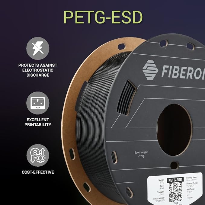Polymaker Fiberon PETG-ESD Filament 1.75mm Black 0.5kg – Electrostatic Discharge Safe, Tough PETG 3D Printer Filament for Electronics Industry