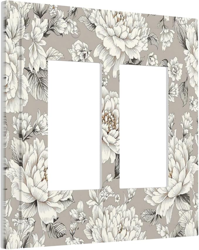 White Poppies Floral Modern Grey Peonies Flowers Decorative Outlet Covers 2 Gang Double GFCI Rocker Light Switch Cover Plate Electrical Wall Panels for Bedroom Bathroom Decor