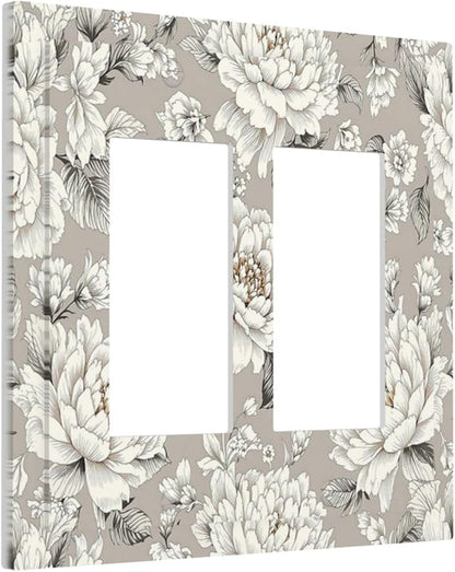 White Poppies Floral Modern Grey Peonies Flowers Decorative Outlet Covers 2 Gang Double GFCI Rocker Light Switch Cover Plate Electrical Wall Panels for Bedroom Bathroom Decor