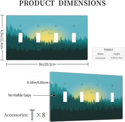 Green Forests And Birds Sun Woodland Light Switch Covers Quad Toggle 4 Gang Wall Plate Decorative Switch Plates Electrical Faceplate for Bedroom Bathroom Decor