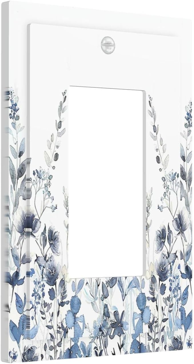 Decorative Outlet Covers Light Blue Watercolor Leaves Plant With Floral 1 Gang Single Rocker Light Switch Cover Plate Wall Plates GFCI Faceplate for Bedroom Bathroom Decor