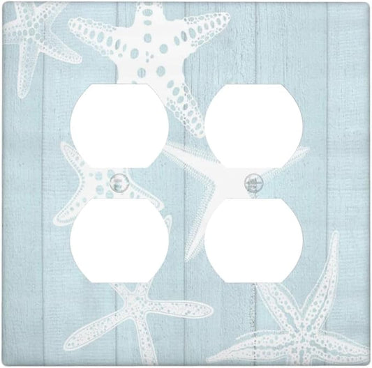 Beach Starfish Vintage Wood Rustic Country Ocean Outlet Covers 2 Gang Double Duplex Decorative Light Switch Covers Electrical Wallplates Socket Faceplate for Farmhouse Kids Room Decor