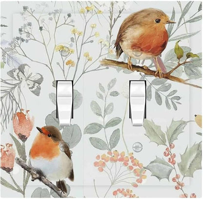Decorative Switch Plates Red Floral Berries Colorful Bird Plant 2 Gang Double Toggle Outlet Light Switch Cover Wall Plate Electrical Faceplate For Bed Room Living Room Decor