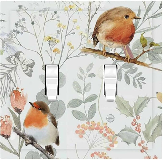 Decorative Switch Plates Red Floral Berries Colorful Bird Plant 2 Gang Double Toggle Outlet Light Switch Cover Wall Plate Electrical Faceplate For Bed Room Living Room Decor