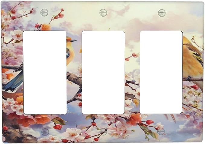 Birds Sitting on Flowers Tree Branch 3 Gang Rocker Triple Outlet Wall Plate Decorative Switch plate Cover Faceplate GFCI Light Switch Covers for Farmhouse Living Decor