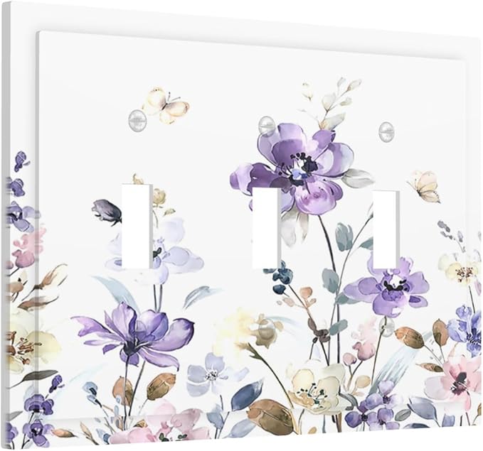 Decorative Switch Plates Purple Floral Lilac Watercolor Flower Leaves Butterfly Wildflower 3 Gang Wall Plate Faceplate Triple Toggle Light Switch Cover Electrical Wall Panels for Bedroom Home Decor