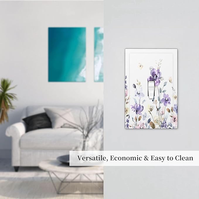 Decorative Light Switch Cover Purple Floral Lilac Watercolor Flower Leaves Butterfly Wildflower 1 Gang Single Toggle Decorator Outlet Wall Plate Device Electrical Faceplate Switchplates for Bedroom
