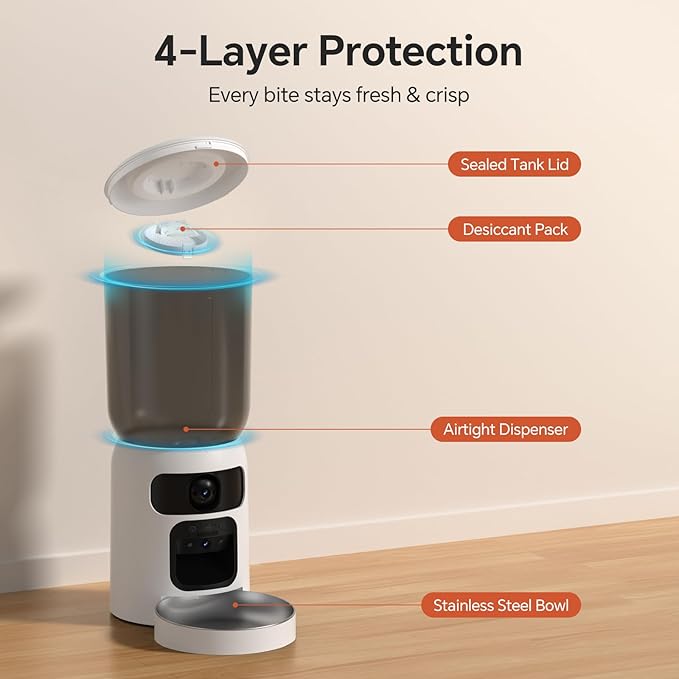 Automatic Cat Feeder with Dual 2K HD Camera, Smart Pet Food Dispenser for Timed Meals, APP Control Laser Interactive Toy Treat Feeders with 2.4G / 5G WiFi, White