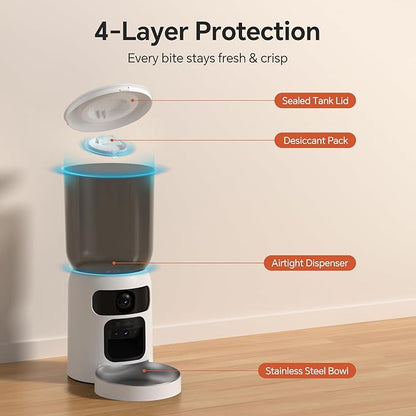 Automatic Cat Feeder with Dual 2K HD Camera, Smart Pet Food Dispenser for Timed Meals, APP Control Laser Interactive Toy Treat Feeders with 2.4G / 5G WiFi, White