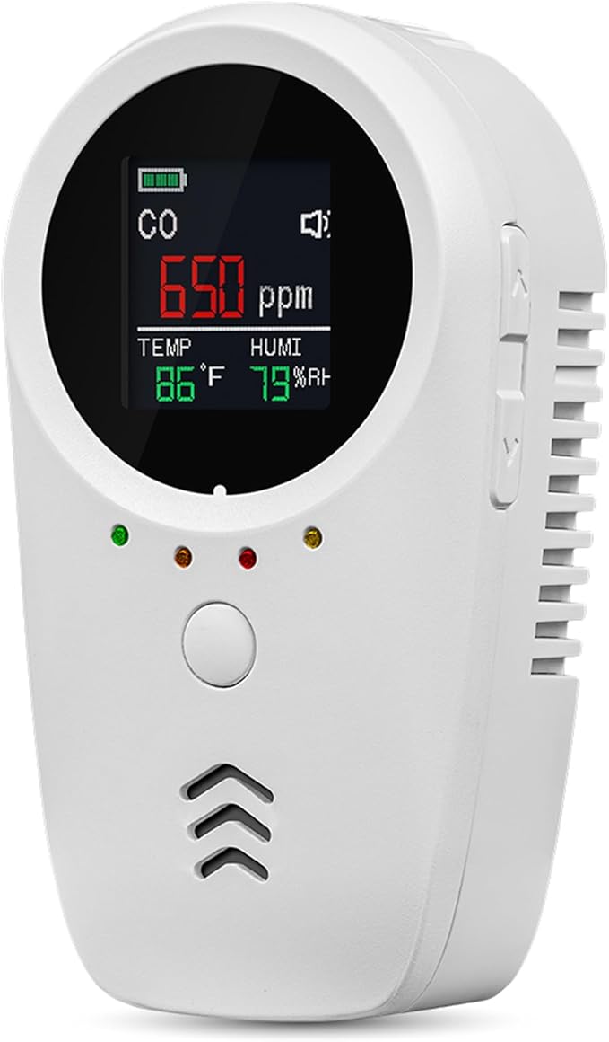 Rechargeable 5-in-1 Carbon Monoxide & Natural Gas Detectors with Temperature/Humidity LCD Display & 2000mAh Lithium-ion Battery, Portable Plug in Co Detector for Home Travel RV Essentials, 1PCS