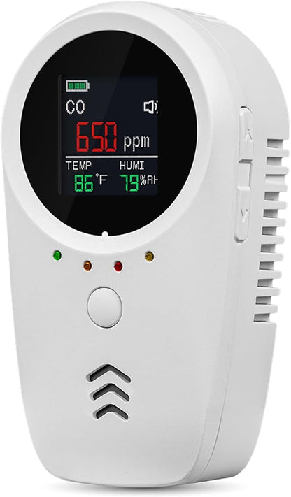 Rechargeable 5-in-1 Carbon Monoxide & Natural Gas Detectors with Temperature/Humidity LCD Display & 2000mAh Lithium-ion Battery, Portable Plug in Co Detector for Home Travel RV Essentials, 1PCS