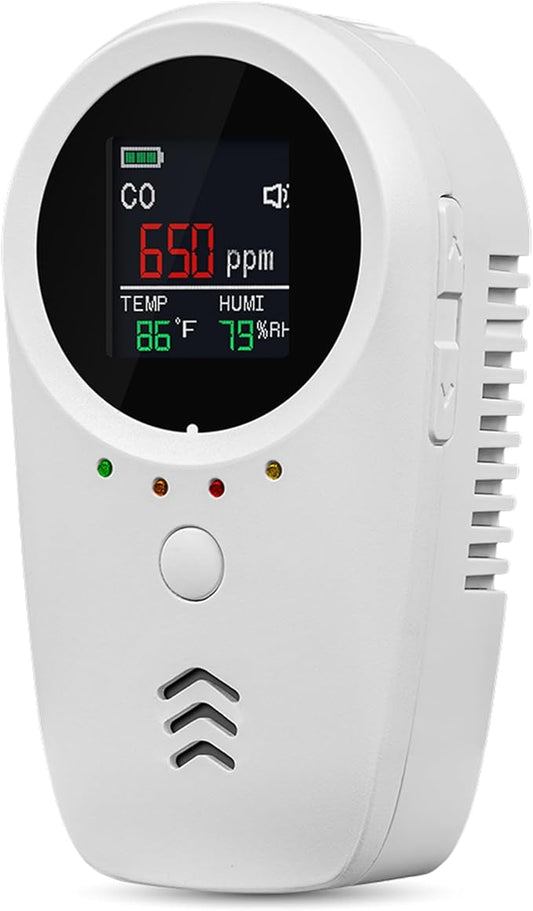 Rechargeable 5-in-1 Carbon Monoxide & Natural Gas Detectors with Temperature/Humidity LCD Display & 2000mAh Lithium-ion Battery, Portable Plug in Co Detector for Home Travel RV Essentials, 1PCS