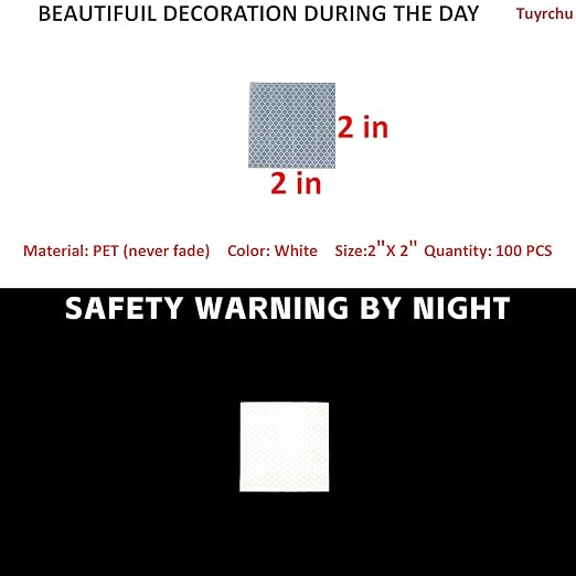 Non Fading White Reflective Stickers 2 inch X 2 inch, Outdoor Waterproof High Visibility Warning Safety Adhesive Reflector Tape (100 Pcs)