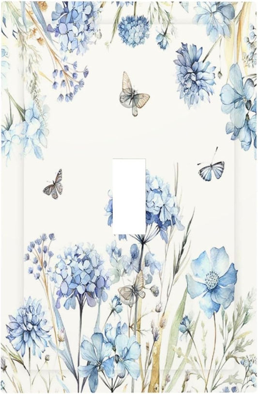 Decorative Light Switch Cover Blue Floral Hydrangea Plants 1 Gang Single Toggle Decorator Outlet Wall Plate Device Electrical Faceplate Switchplates for Bedroom Home Decor
