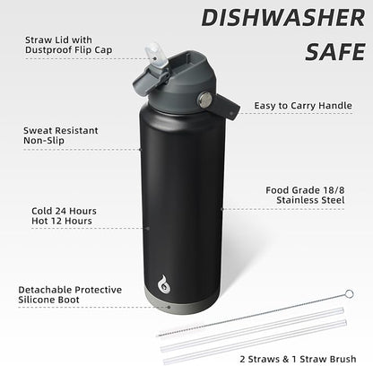 BJPKPK Insulated Water Bottle with Straw Lid, 40oz Large Thermo, BPA Free Leak Proof Stainless Steel Metal Water Bottles, Tumblers, Cups, Flasks for Travel, Sports,Black