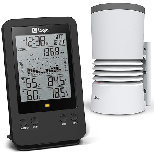 Logia 3-in-1 Rain Gauge Weather Station with Temperature & Humidity, Indoor/Outdoor Weather Monitoring System, Wireless Display Console with History, Alarms and Alerts