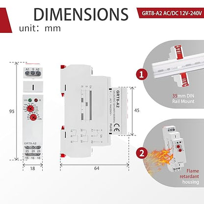 Delay ON Time Relay 16A ON Delay Timer Relay GRT8 A2， DIN Rail Electronic Relays of Wide Time Delay Range for 0.1 Seconds to 10 Days Voltage Range AC DC 12V to 240V