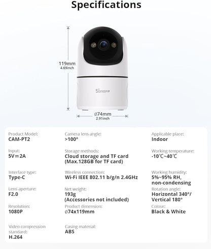 SONOFF Indoor Security Camera 1080P, CAM-PT2 Pan Tilt WiFi Camera with 360° View, Motion Tracking, Color Night Vision, 2-Way Audio, Privacy Mode, Compatible with Alexa & Google Home