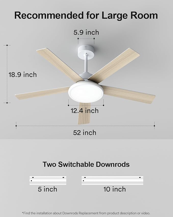 Lumary 52'' Smart Ceiling Fan with RGBAI Lights Remote, RGB & Stepless Color Temperature, Work with Alexa/Google/App, 46 Scenes, Modern Flush Mount Low Profile Ceiling Fan for Bedroom Kids Room, White