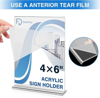 Daofary Acrylic Sign Holder 4 x 6 Inches 4 Pack, Double-Sided Stand up Table Top Paper Holder, Store Sign Holders, Plastic Sign Display for Restaurants, Hotels, Office