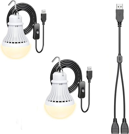 2 Pack USB LED Camping Lantern, 8.2 ft Extra Length Cord Tent Light with USB Y-Cable, Portable LED Bulb for Garage, Warehouse, Car, Truck, Fishing Boat, Room, Emergency Light, Warm