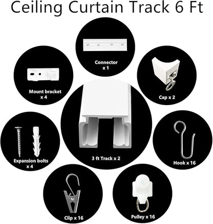 Ceiling Mount Curtains Track Room Divider Privacy Partition Separator Curtain Tracks Rods Heavy Duty RV Shower Outdoor Rail Clip Hook Set, White 3-6ft