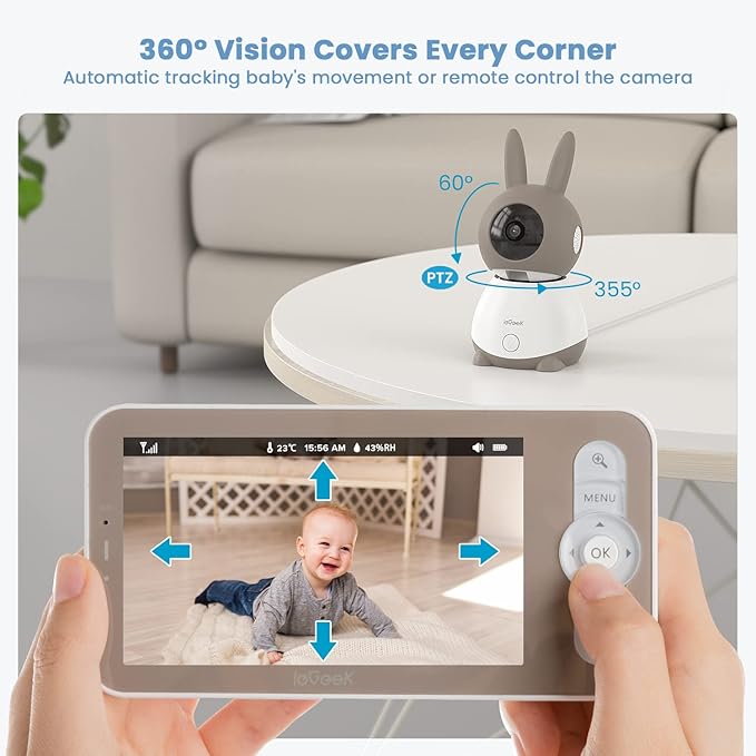 ieGeek Baby Monitor with 2K HD Resolution, Pan-Tilt-Zoom Video Baby Monitor Camera, 5'' LCD Screen & App Control, Night Vision, Cry and Motion Detection, Temp & Humidity Sensor, Two Way Audio, VOX
