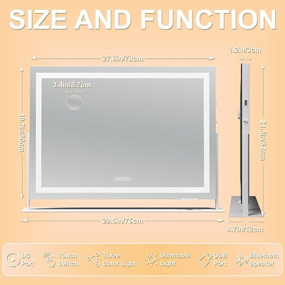 Hasipu Vanity Mirror with Lights and Bluetooth Speaker, 29.5" x 21.3" LED Makeup Mirror, Light up Mirror with 10X Magnification, USB Charging Port, Smart Touch 3 Colors Dimmable (White)