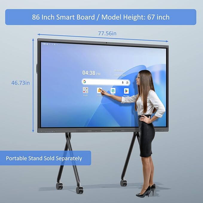 Shiarffe X5 Pro 4K 86 Inch Smart Board with Portable Stand, Google EDLA-Certified Digital Whiteboard, Touchscreen Interactive Display Built-in Camera for Classroom Office Hybrid Work Home, Android OS
