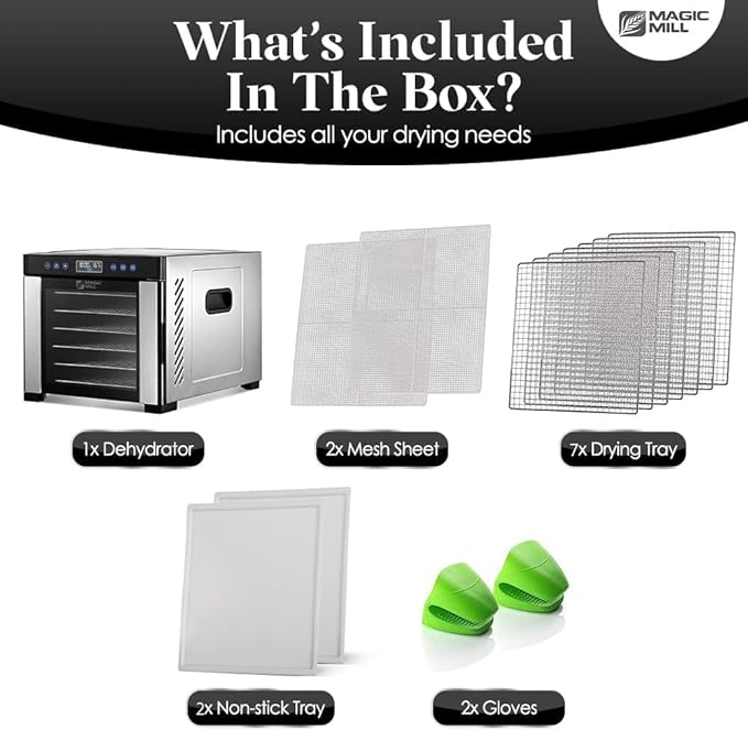 Magic Mill Pro Food Dehydrator Machine | 7 XL Stainless Steel Trays | Dryer for Jerky, Dog Treats, Herb, Meat, Beef, Fruit | Keep Warm Function, Digital Timer and Temperature Control, ETL Approved