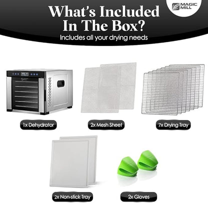 Magic Mill Pro Food Dehydrator Machine | 7 XL Stainless Steel Trays | Dryer for Jerky, Dog Treats, Herb, Meat, Beef, Fruit | Keep Warm Function, Digital Timer and Temperature Control, ETL Approved