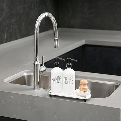 MOMEEMO White Soap Dispenser Set Comes with Stainless Steel Pumps, Instant Dry Tray, and Dish Scrub Brush, Suitable for Kitchen Accessories and Farmhouse Decor. (White)