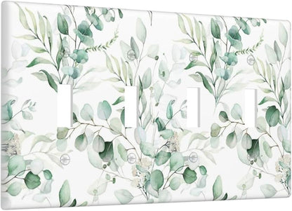Boho Green Eucalyptus Leaf Floral Plants Flowers Light Switch Covers Quad Toggle Electrical Faceplate 4 Gang Wall Plate Decorative Switch Plates for Bed Room Living Room Decor