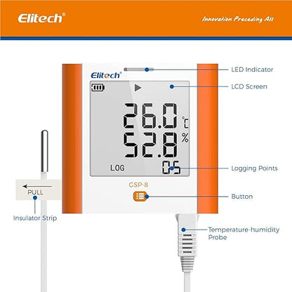 Elitech 100,000 Points Digital Temperature Humidity Data Logger Medical Refrigerator Thermometer Vaccine Fridge Temperature Monitor Max Min Average Value GSP-8