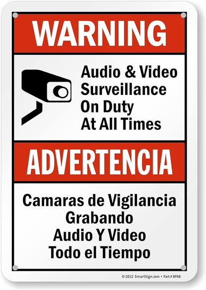 SmartSign 10 x 7 inch “Warning - Audio & Video Surveillance On Duty At All Times” Bilingual Sign, Digitally Printed, 55 mil HDPE Plastic, Red, Black and White, Made in USA