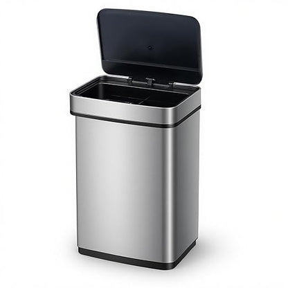 Goplus 16 Gal Automatic Trash Can, Stainless Steel Motion Sensor Trash Can with 2 Compartments, Quick Response & Soft Close Lid, Touchless Compact Garbage Bin for Kitchen, Bedroom, Bathroom and Office