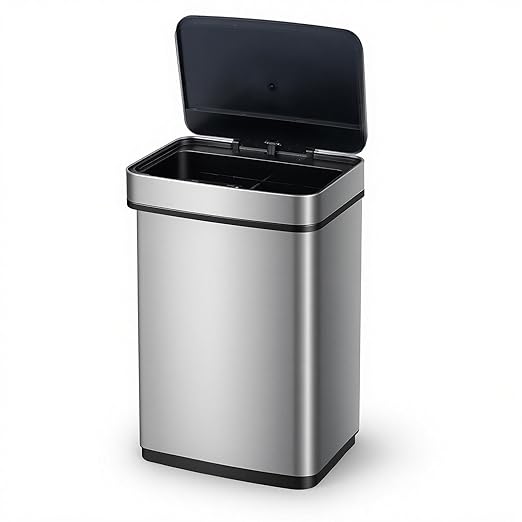 Goplus 16 Gal Automatic Trash Can, Stainless Steel Motion Sensor Trash Can with 2 Compartments, Quick Response & Soft Close Lid, Touchless Compact Garbage Bin for Kitchen, Bedroom, Bathroom and Office
