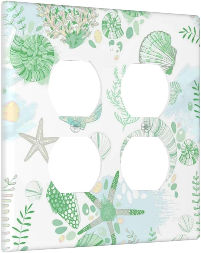 Beach Nautical Starfish Scallop Coral Conch Outlet Covers 2 Gang Double Duplex Decorative Light Switch Covers Electrical Wallplates Socket Faceplate for Bathroom Home Decor