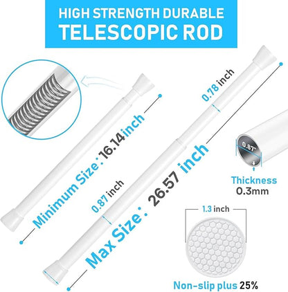 4 Pack White Tension Rod 16 To 26 Inch Adjustable Spring Tension Curtain Rods No Drilling Short Curtain Rod Extendable Small Spring Tension Rod for Closet Cupboard Bars Refrigerator