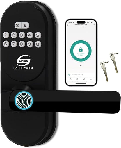 Keyless Entry Door Lock with Handle, Smart Fingerprint Deadbolt, APP Control & Keypad Password Unlock for Front Door, Home, Apartment
