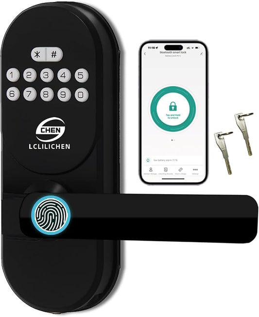 Keyless Entry Door Lock with Handle, Smart Fingerprint Deadbolt, APP Control & Keypad Password Unlock for Front Door, Home, Apartment