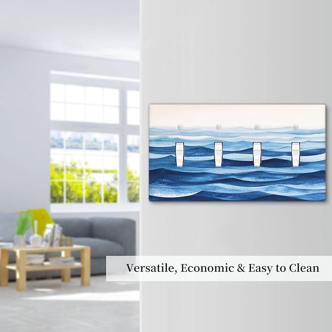 Light Switch Cover Plate Blue Watercolor Textured Abstract Ocean Wave 4 Gang Quad Toggle Wall Plate Electrical Outlet Cover Decorative Switch Plate Covers for Bedroom living Room Decor