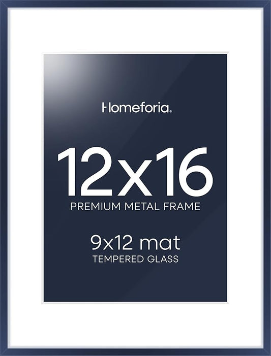 Homeforia 12x16 Navy Blue Picture Frame, High End Metal 12x16 Poster Frames with Mat 9x12 Photo, 12 x 16 Navy Blue Frame Matted to 9 by 12 Print, 16x12 Thin Frames, Tempered Glass, Wall Kit, Set of 1