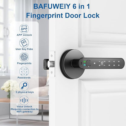 Fingerprint Door Lock, 6-in-1 Smart Door Knob with App Control/Fingerprints/IC Cards/Passwords/2 Keys, Fingerprint Door Knob Biometric Door Lock for Bedroom Apartment, Black