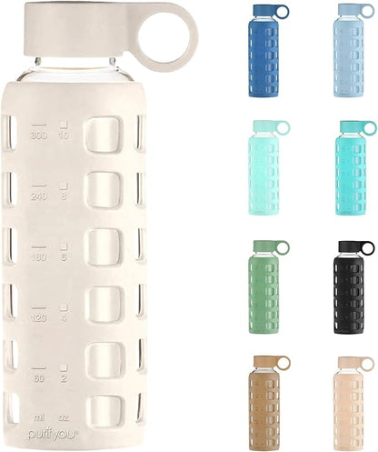 purifyou 40oz / 32oz / 22oz / 12oz Borosilicate Glass Water Bottle with Time & Volume Markers, Silicone Sleeve, Stainless Steel Lid | Reusable Glass Bottle for Water & Juice (12oz Pearled Ivory)