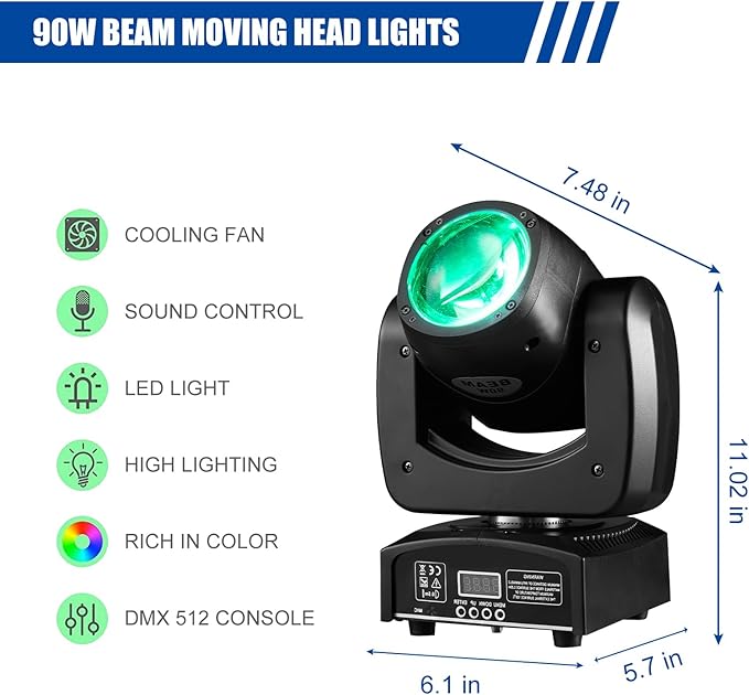 90W LED Moving Head DJ Lights Mini Beam Stage Lights Super Bright Spot RGBW 4IN1 DMX 512 13CH Sound-Activated for Wedding DJ Party Stage Lighting (90W, 1)